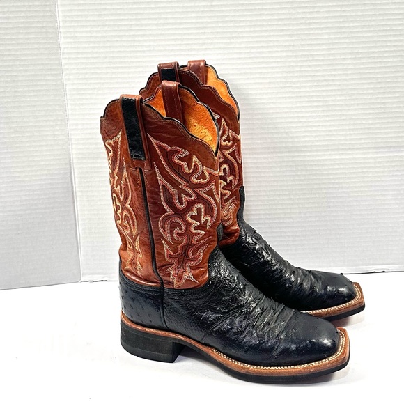 Lucchese 2000 Full Quill Ostrich Cognac and Black Boots Sz